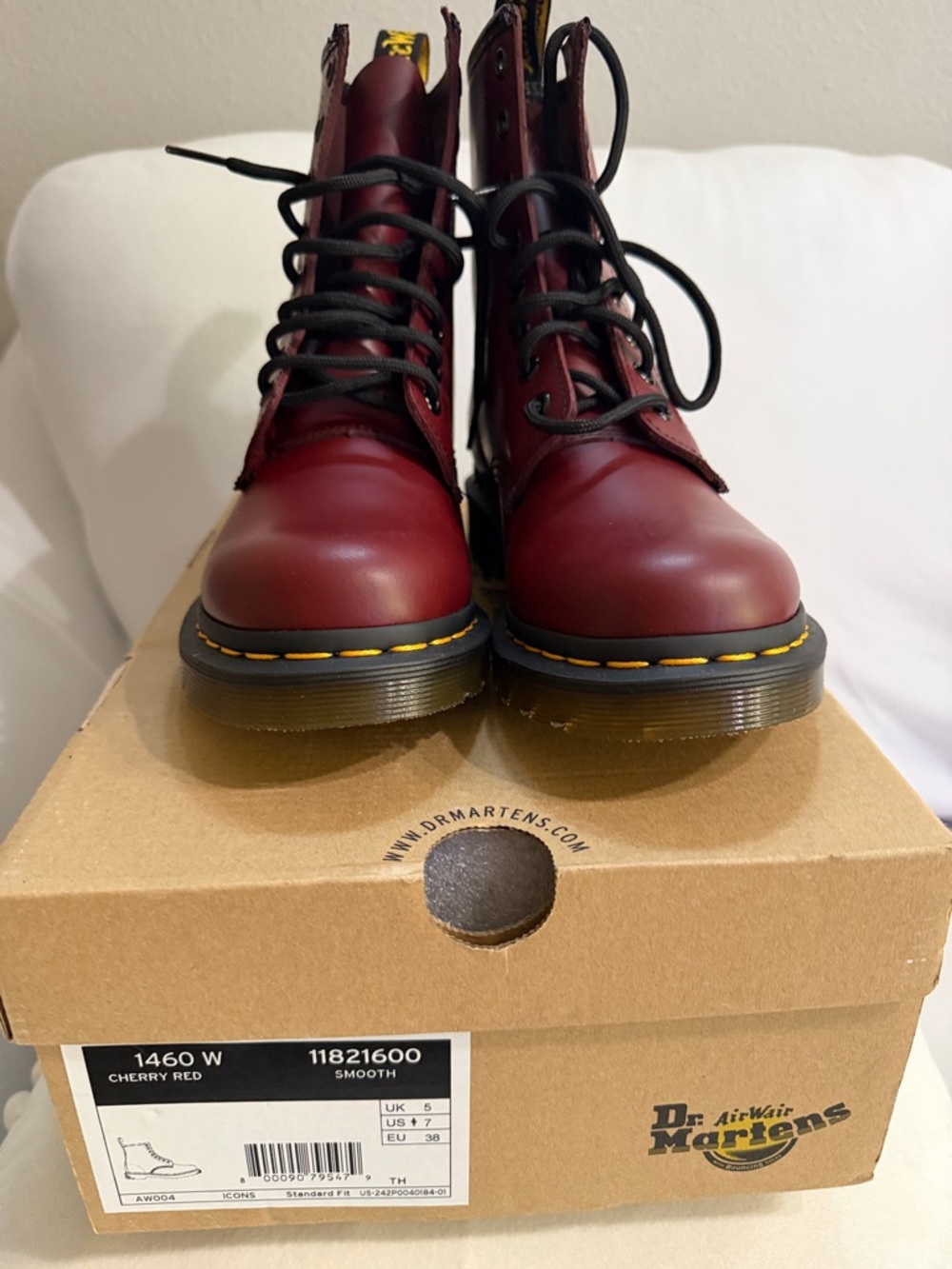 Dr. Martens Cherry Red 8-Eye Combat Boots with Yellow Stitching
